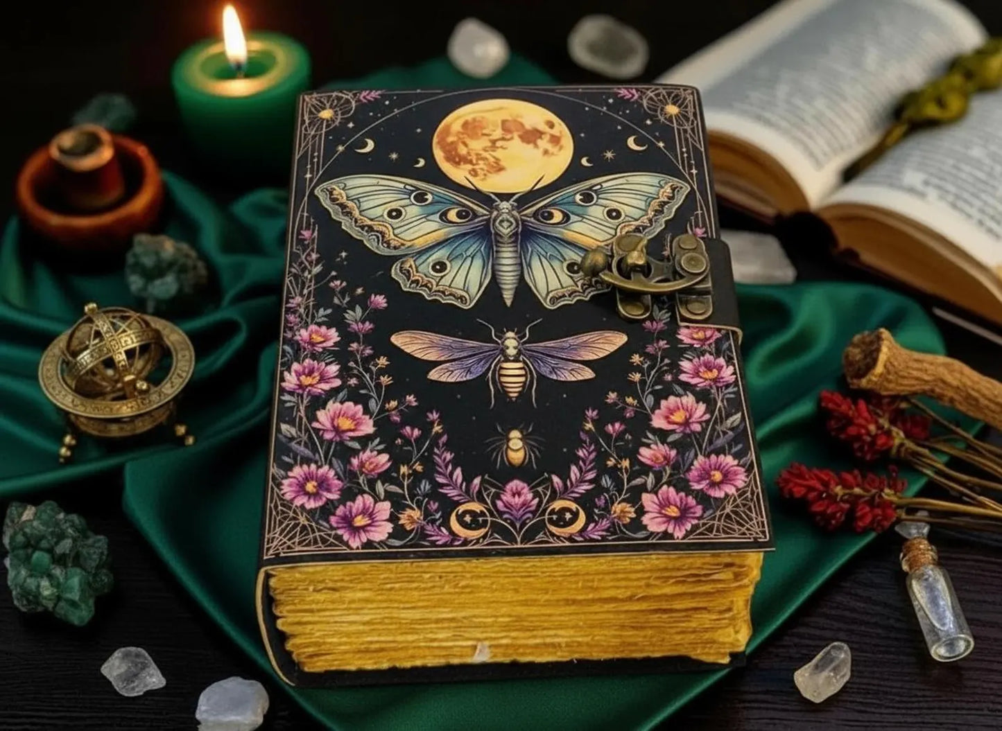 Floral Moon Moth Journal – Celestial Leather Grimoire | Handmade Book of Shadows | Witchy Garden Sketchbook | Full Moon Diary |