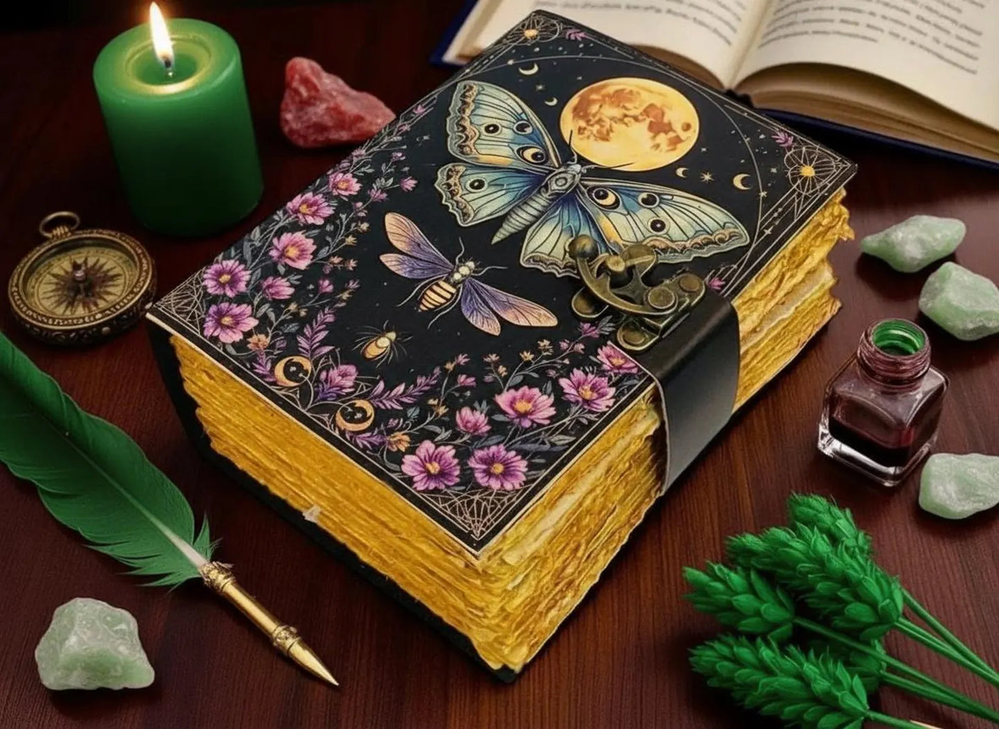 Floral Moon Moth Journal – Celestial Leather Grimoire | Handmade Book of Shadows | Witchy Garden Sketchbook | Full Moon Diary |
