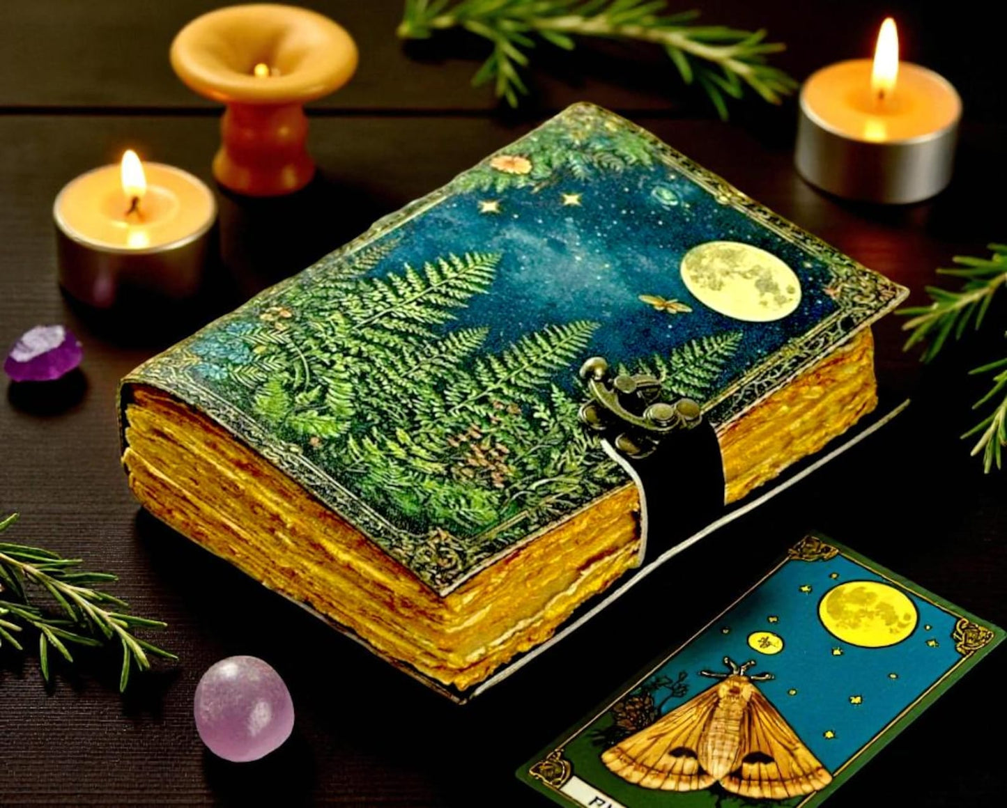 Green Tree Leather Vintage Moon Forest Grimoire 200 Page Handmade Book of Shadows, Spell book Wiccan Pagan Gothic Magic Diary Gifts |