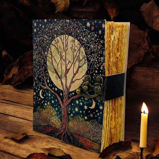 Tree of Life Leather Journal –  Grimoire Notebook – Witchy Spell Book –Brass Clasp lock closure Vintage Deckle Edge Old Paper