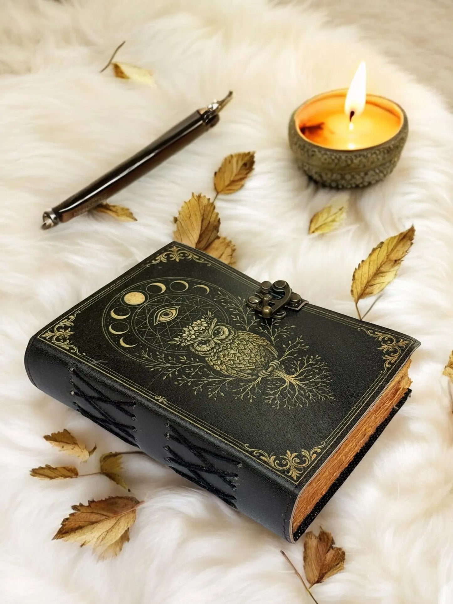Owl Leather Journal – Handmade Gothic Grimoire Book of Shadows, 200 Pages Vintage Witchcraft Spellbook, Wiccan Pagan Magic Diary Occult Gift