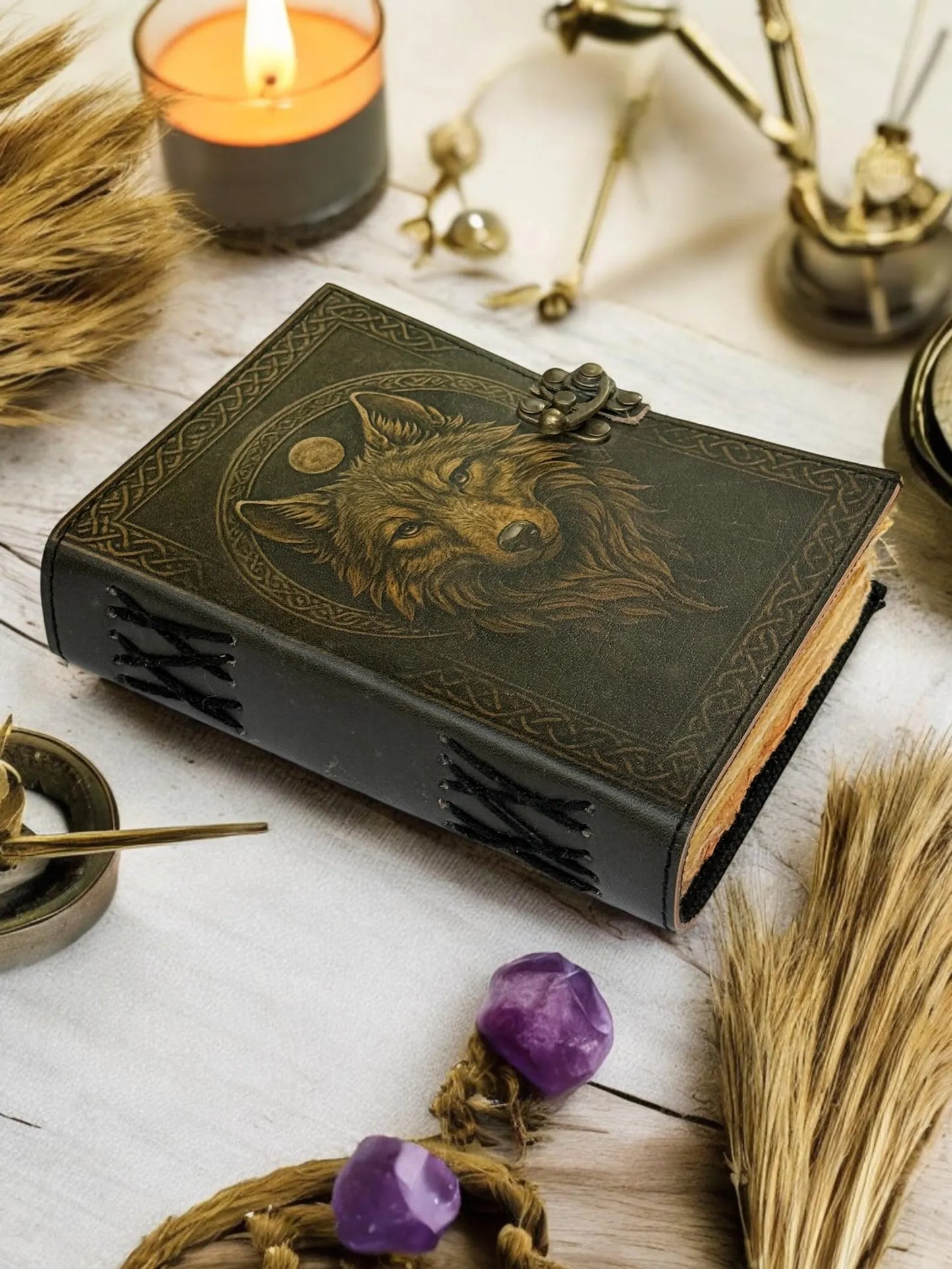 Wolf Print Handmade Vintage Leather Journal: Blank Spell Book of Shadows, for Sketching, Writing personalized gifts for women