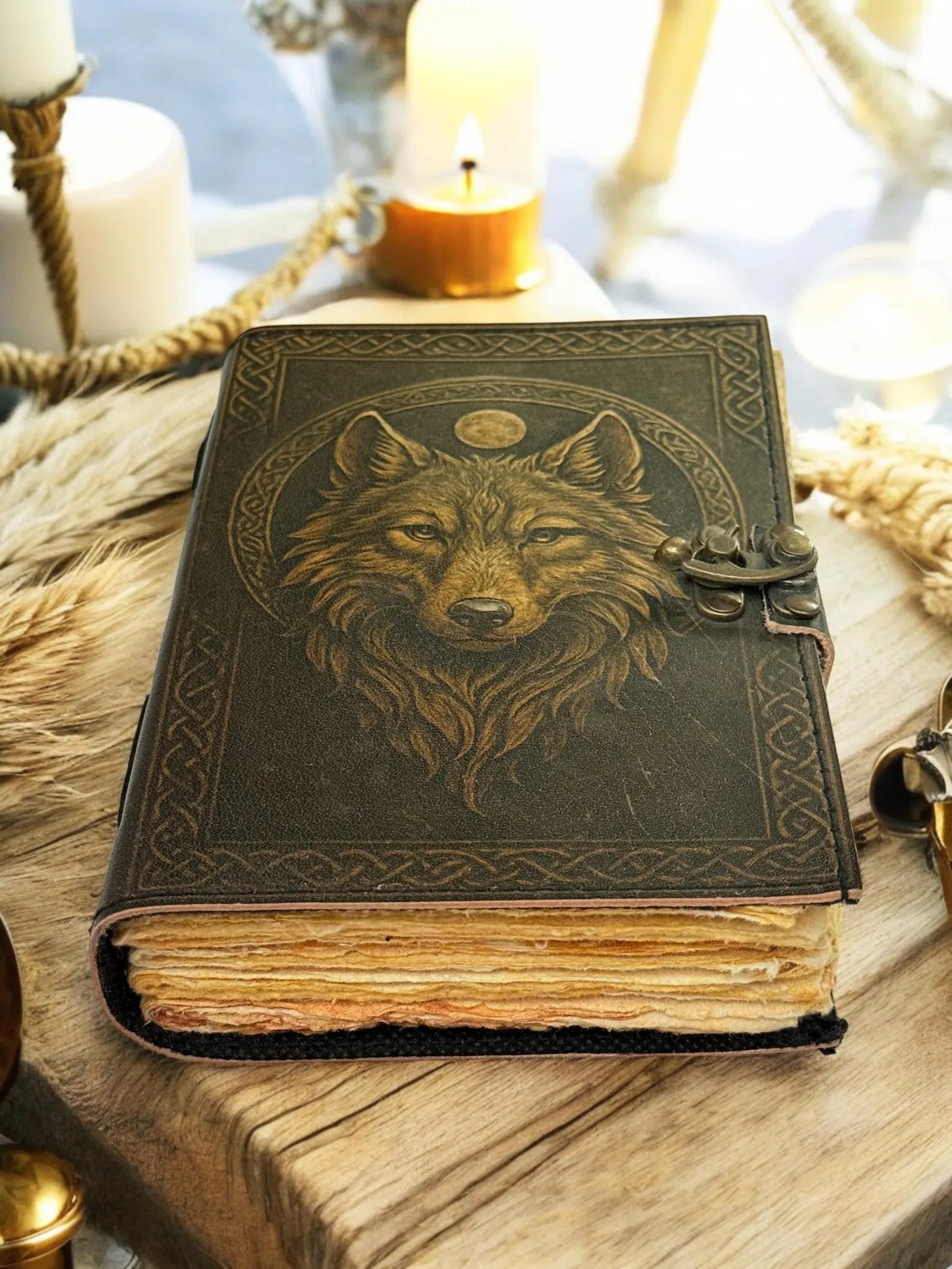 Wolf Print Handmade Vintage Leather Journal: Blank Spell Book of Shadows, for Sketching, Writing personalized gifts for women