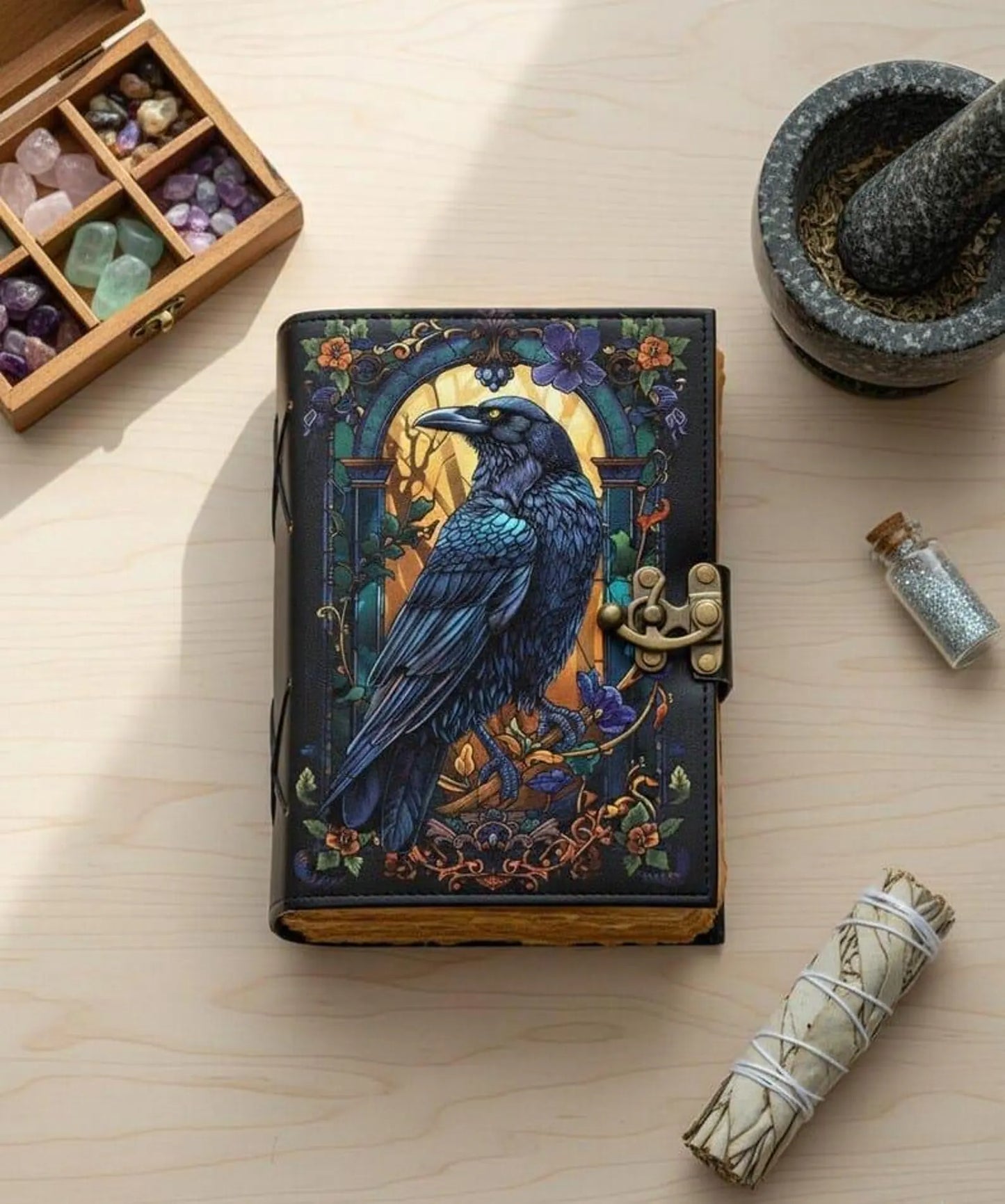 Raven Leather Grimoire - Gothic Book of Shadows, Witchcraft Spell Journal Grimoire Journal