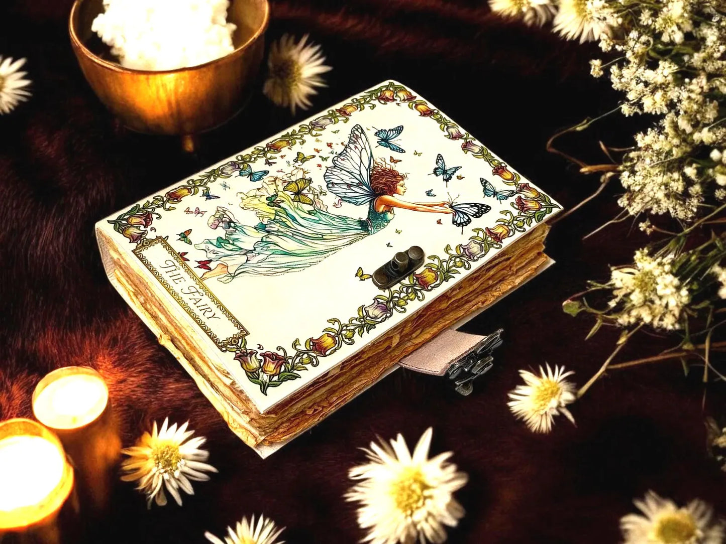 Enchanted Fairy Leather Journal Handmade Vintage Grimoire Art Nouveau Fairy Sketchbook with Lock | Deckle Edge Pap | Gift for Women & Girls