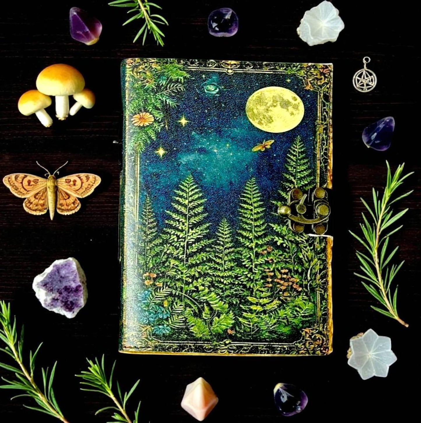 Green Tree Leather Vintage Moon Forest Grimoire 200 Page Handmade Book of Shadows, Spell book Wiccan Pagan Gothic Magic Diary Gifts |