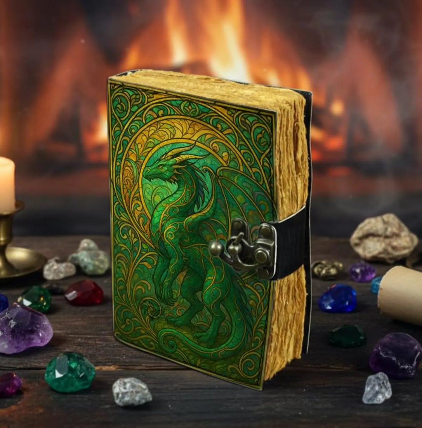 Green Dragon Leather Journal – Handmade Spellbook with Lock, Vintage Deckle Paper, Medieval Gothic Notebook, Dragon Lover Gift