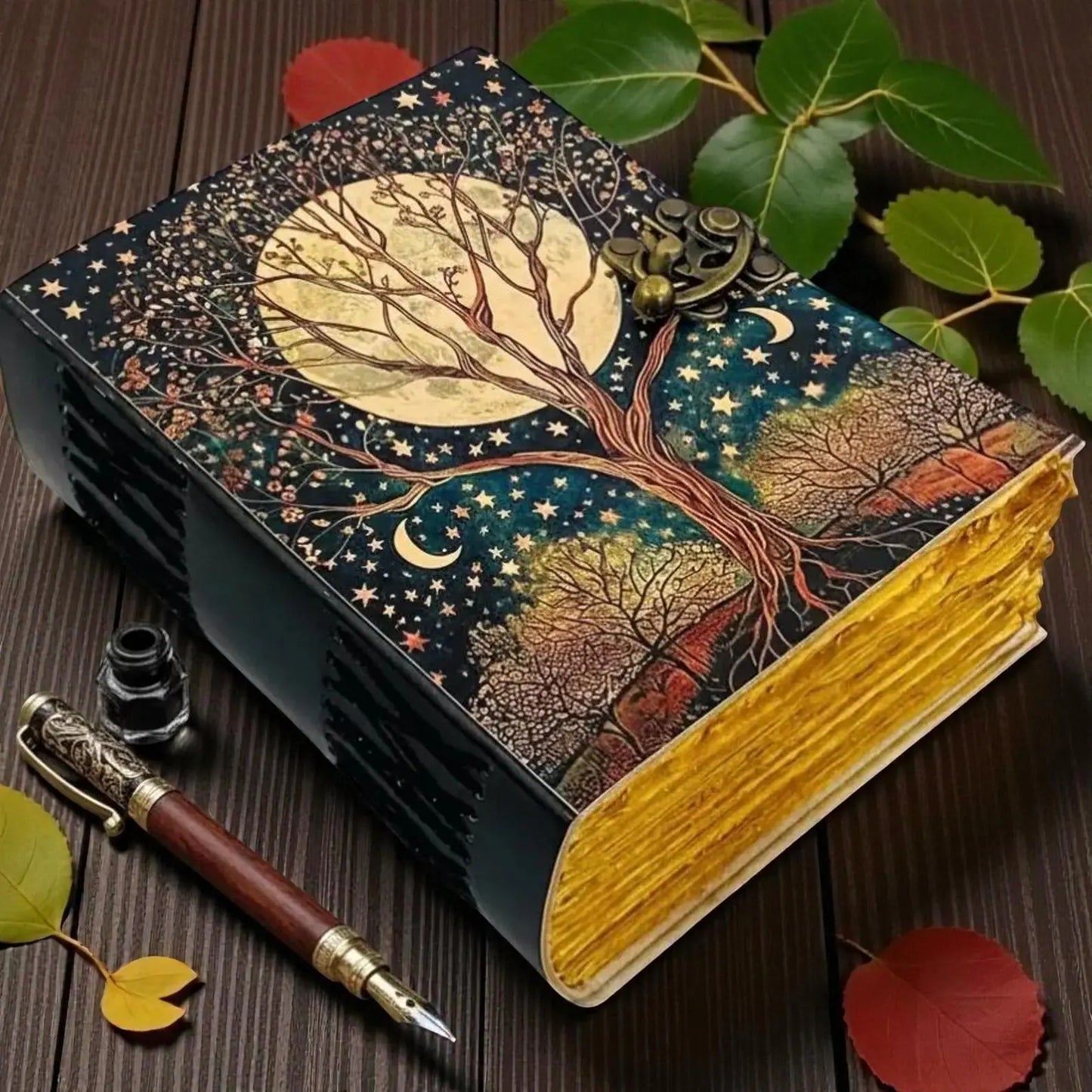 Tree of Life Leather Journal –  Grimoire Notebook – Witchy Spell Book –Brass Clasp lock closure Vintage Deckle Edge Old Paper