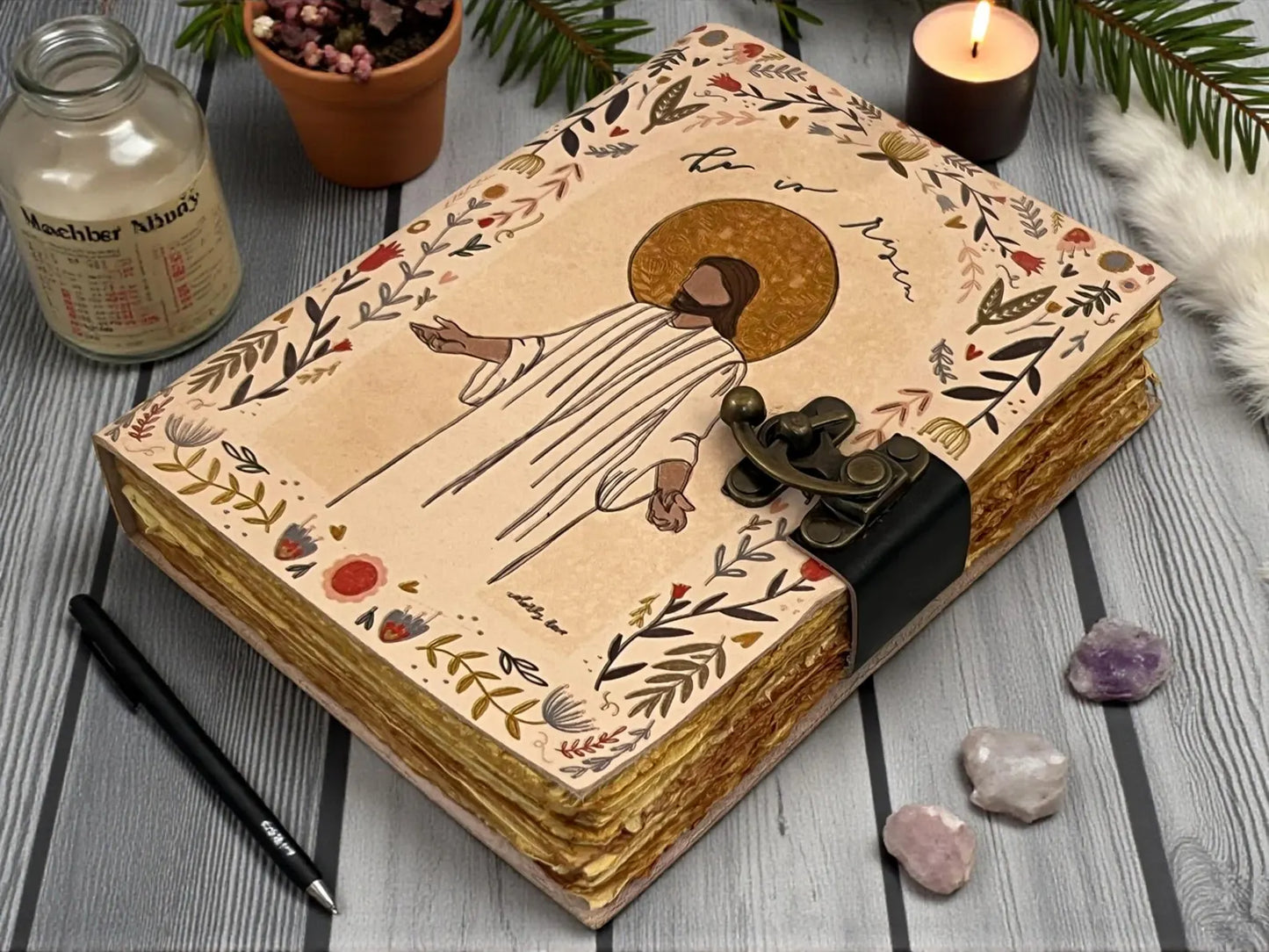 Leather Prayer Journal, Vintage Brass Lock, Handmade Deckle Edge Paper Journal