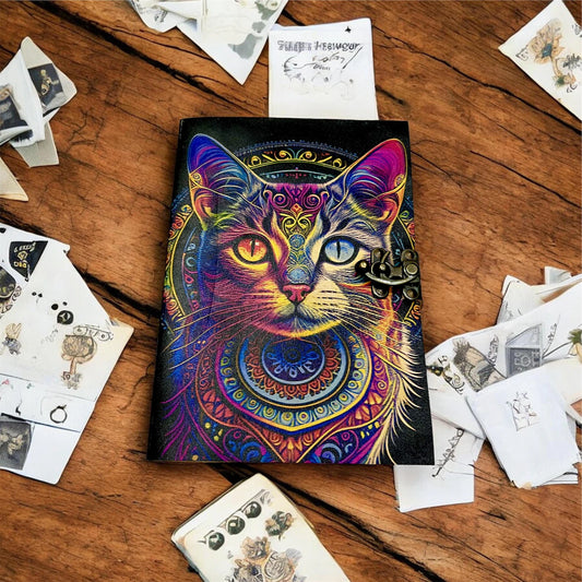 Colorful Cat Leather Notebook – Handcrafted vintage Leather Diary