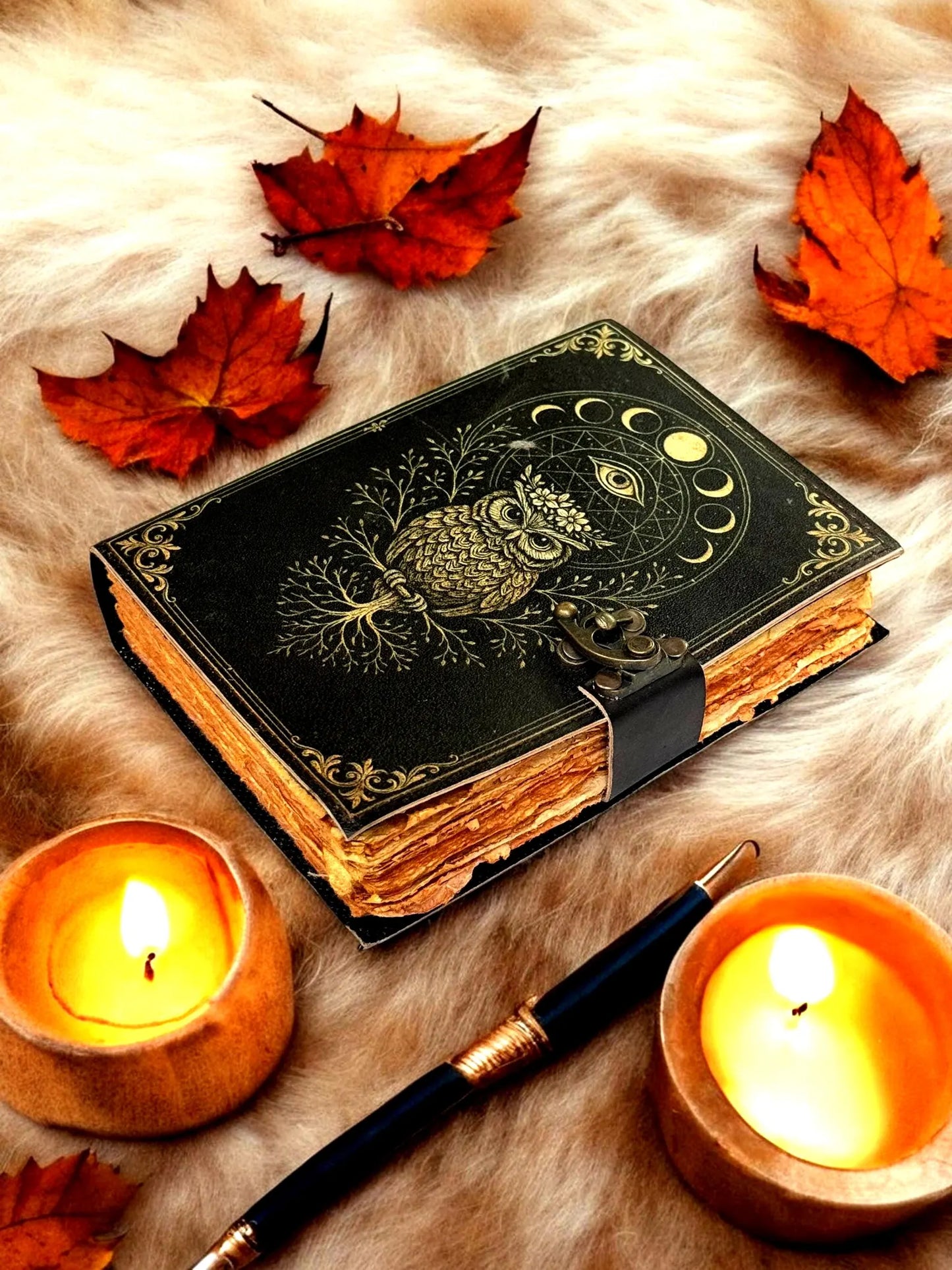 Owl Leather Journal – Handmade Gothic Grimoire Book of Shadows, 200 Pages Vintage Witchcraft Spellbook, Wiccan Pagan Magic Diary Occult Gift