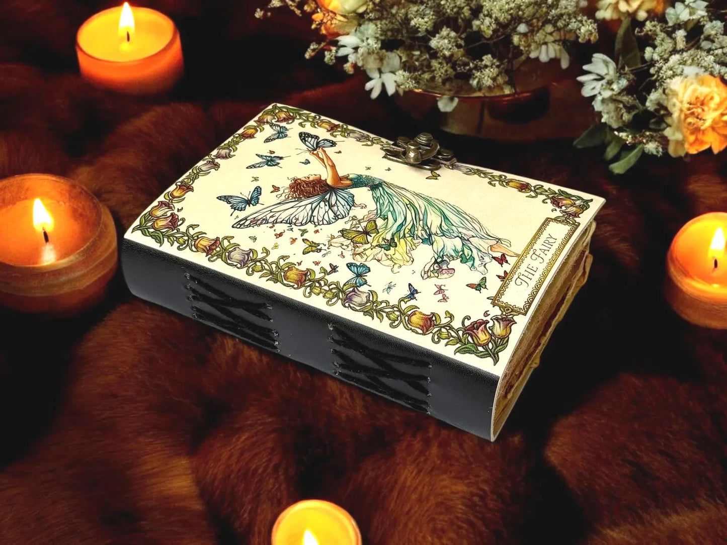 Enchanted Fairy Leather Journal Handmade Vintage Grimoire Art Nouveau Fairy Sketchbook with Lock | Deckle Edge Pap | Gift for Women & Girls