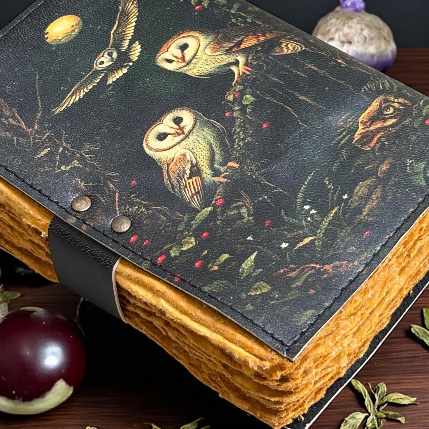 Handmade Owl Leather Journal, Vintage Lock, Grimoire Spell Book