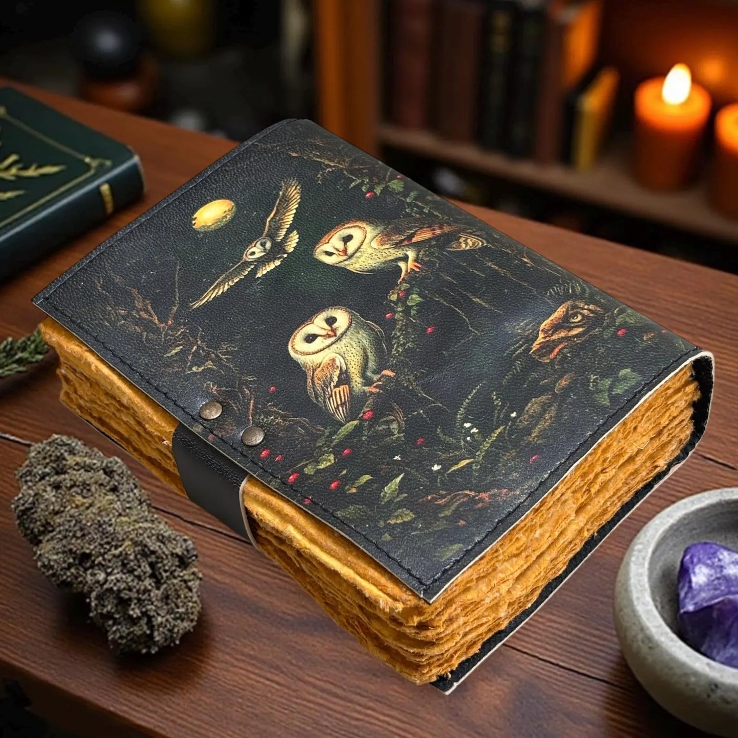 Handmade Owl Leather Journal, Vintage Lock, Grimoire Spell Book