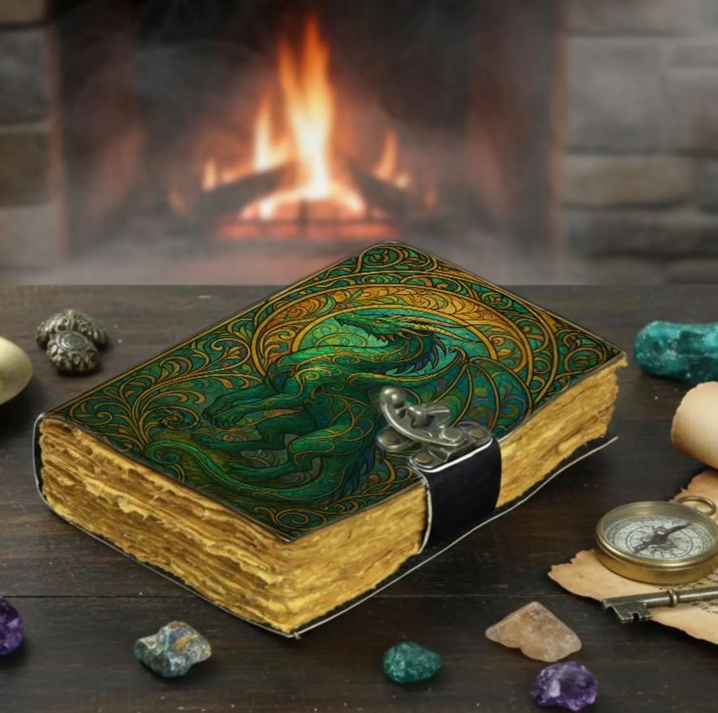 Green Dragon Leather Journal – Handmade Spellbook with Lock, Vintage Deckle Paper, Medieval Gothic Notebook, Dragon Lover Gift
