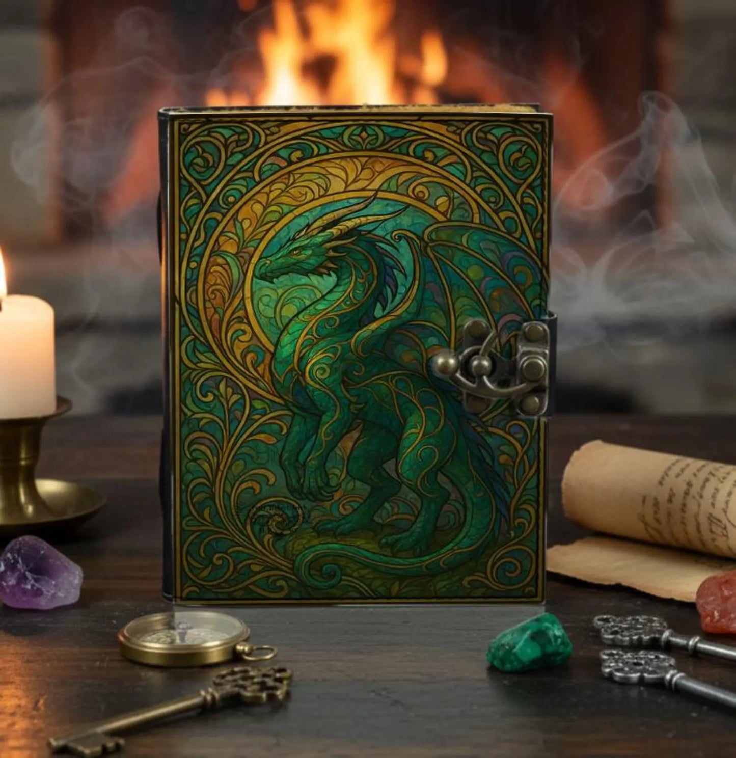 Green Dragon Leather Journal – Handmade Spellbook with Lock, Vintage Deckle Paper, Medieval Gothic Notebook, Dragon Lover Gift