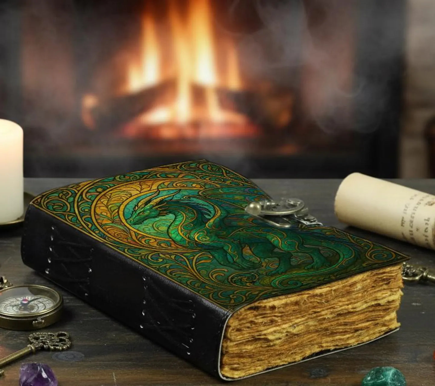Green Dragon Leather Journal – Handmade Spellbook with Lock, Vintage Deckle Paper, Medieval Gothic Notebook, Dragon Lover Gift