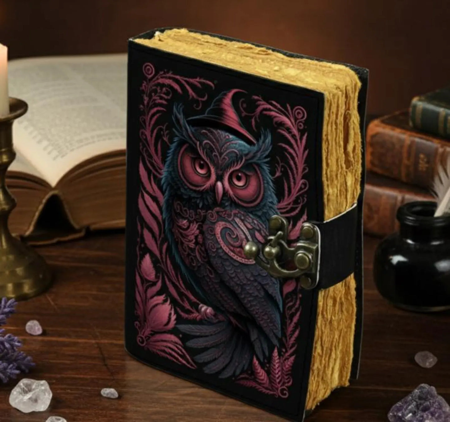 Leather Journal – Handmade Owl Leather Notebook with Lock | Vintage Deckle Edge Paper Diary | Witchy Owl Gift | Unique Gift for Women & Men