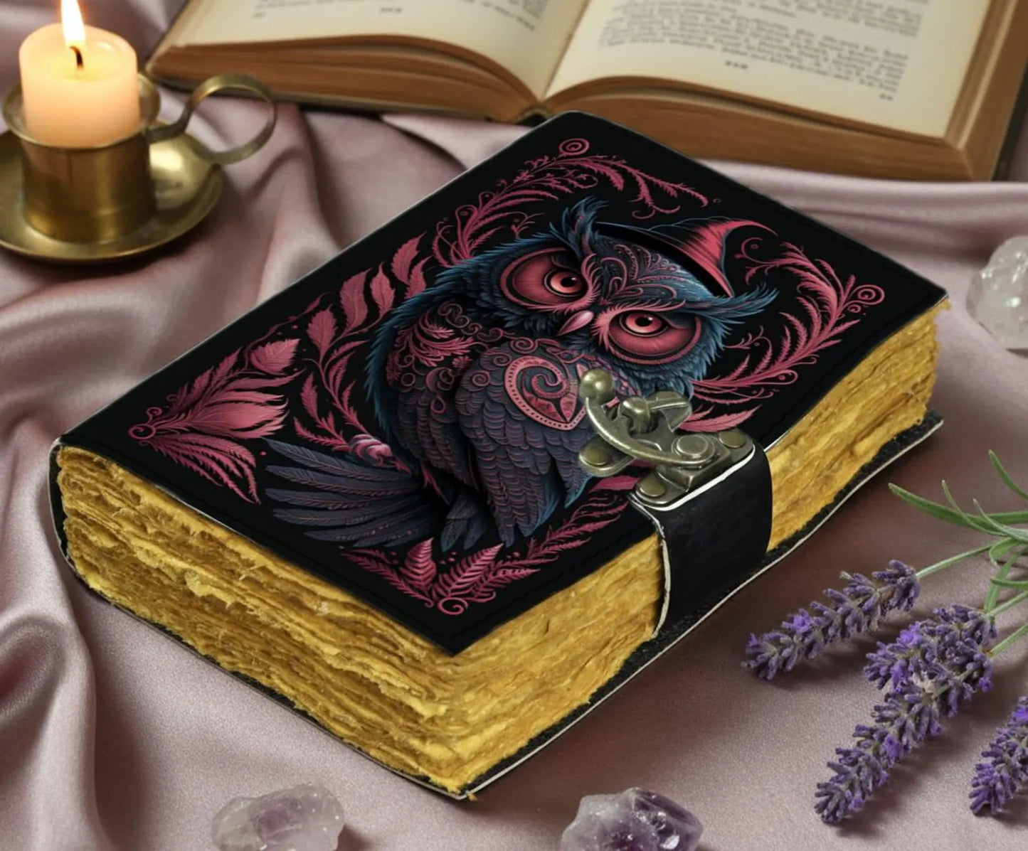 Leather Journal – Handmade Owl Leather Notebook with Lock | Vintage Deckle Edge Paper Diary | Witchy Owl Gift | Unique Gift for Women & Men