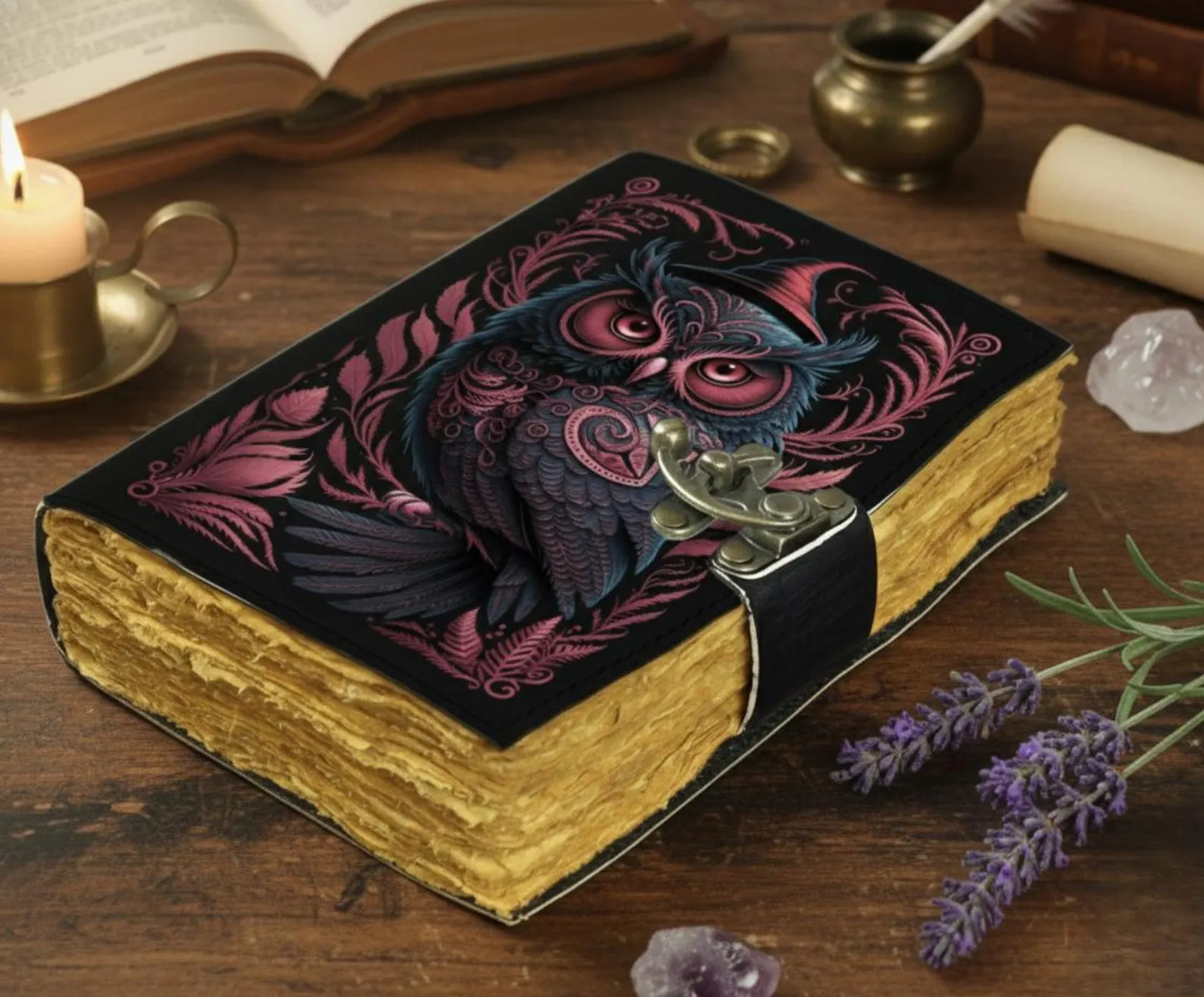 Leather Journal – Handmade Owl Leather Notebook with Lock | Vintage Deckle Edge Paper Diary | Witchy Owl Gift | Unique Gift for Women & Men