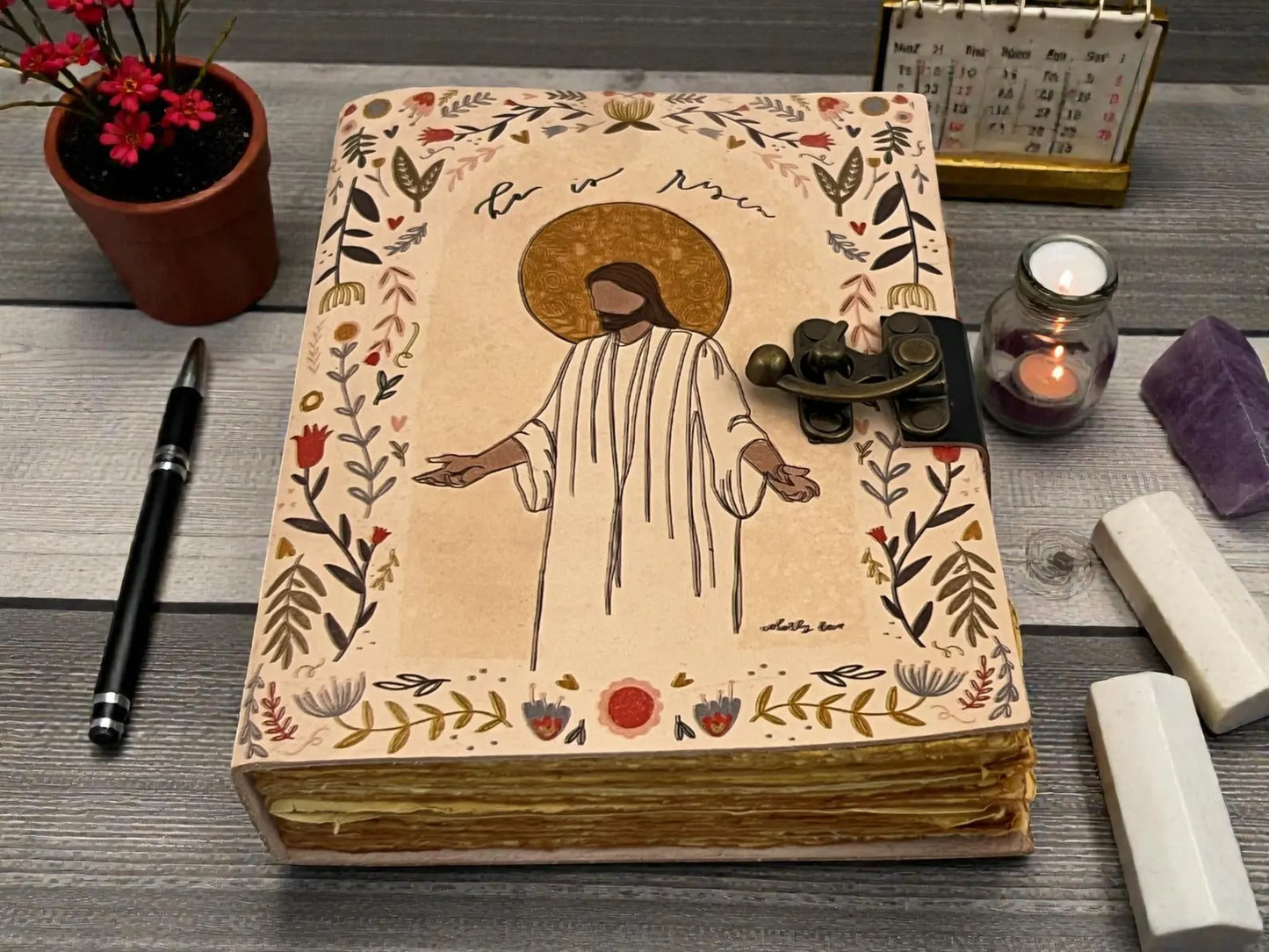 Leather Prayer Journal, Vintage Brass Lock, Handmade Deckle Edge Paper Journal