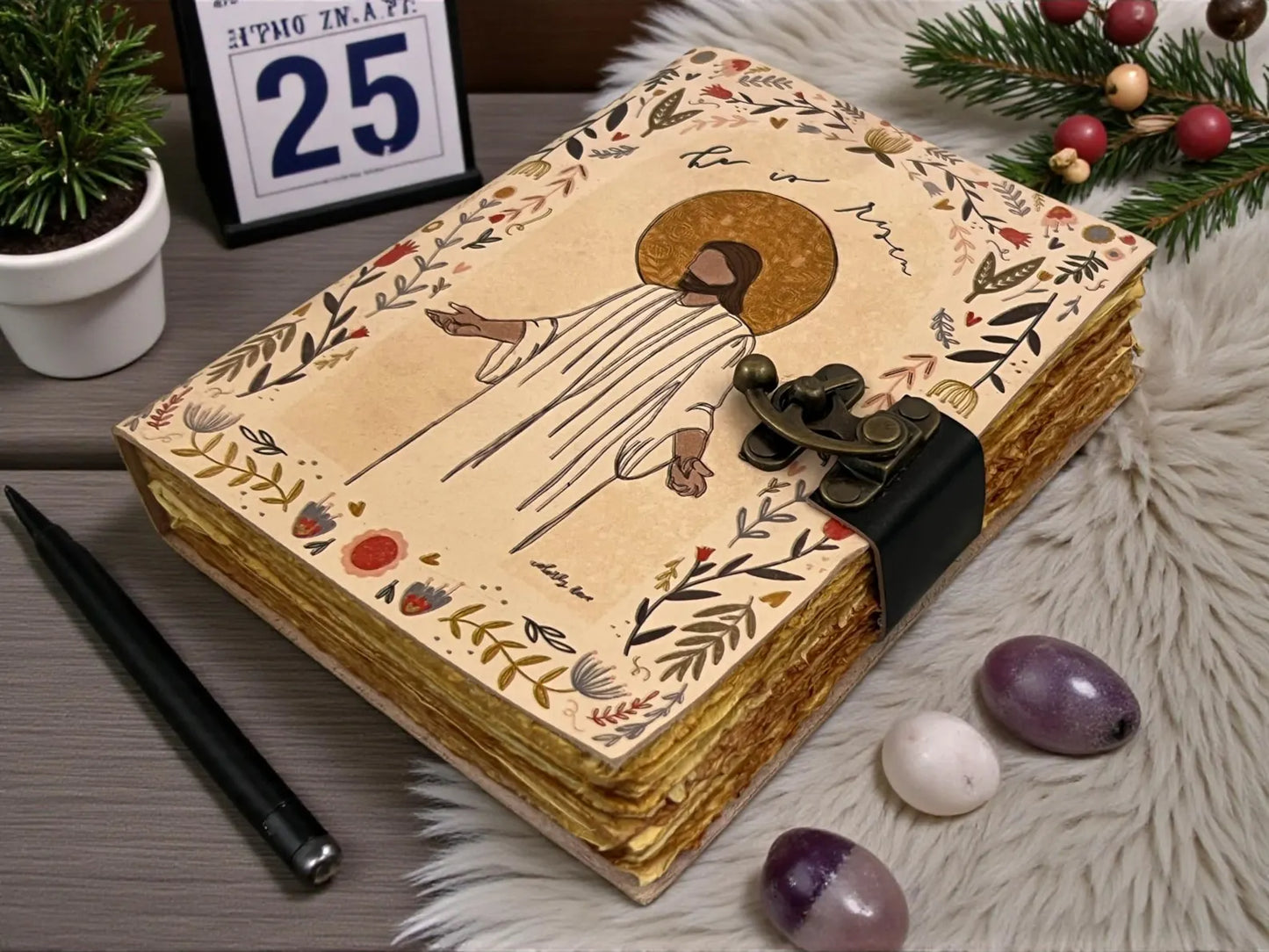 Leather Prayer Journal, Vintage Brass Lock, Handmade Deckle Edge Paper Journal