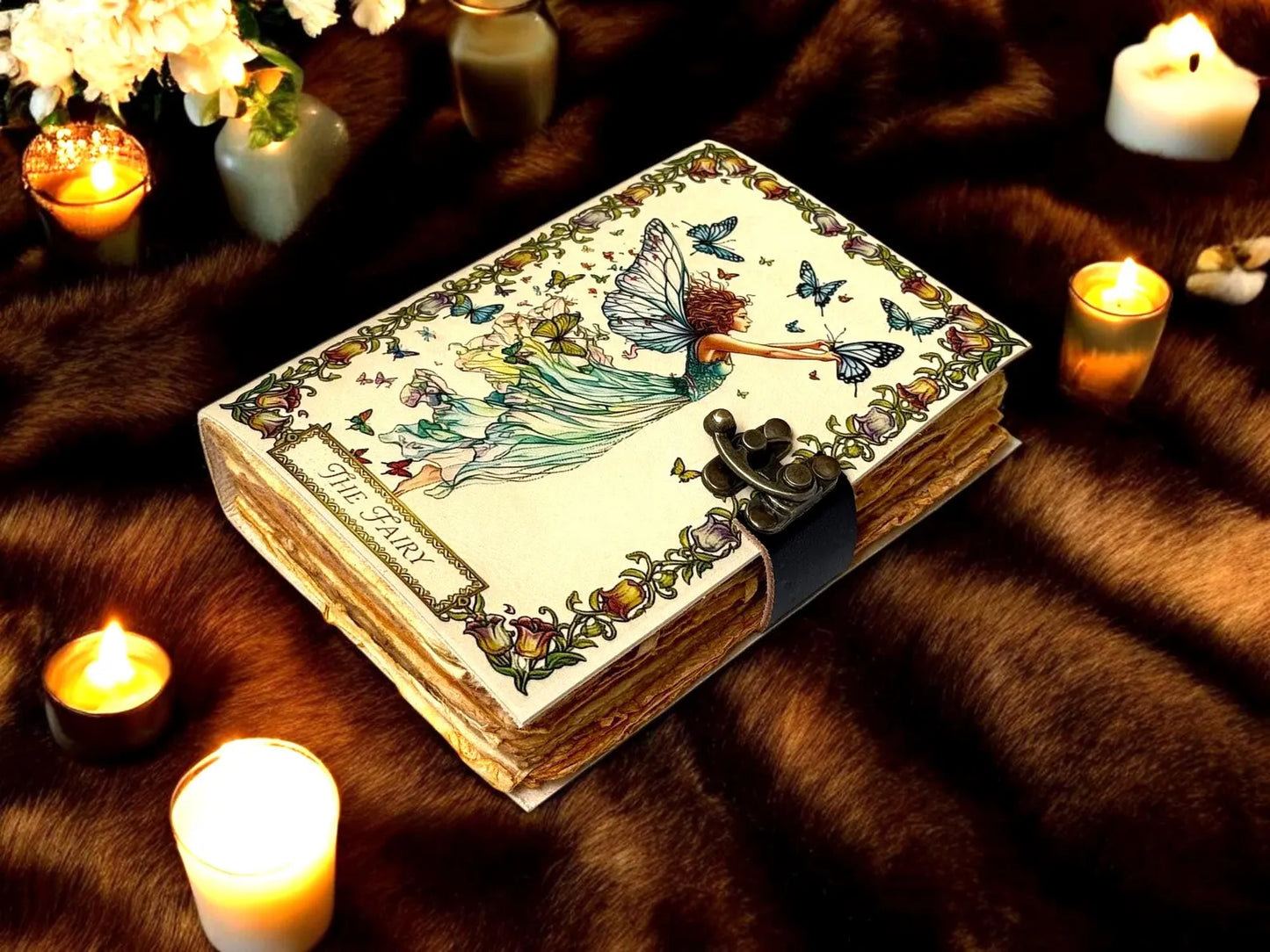 Enchanted Fairy Leather Journal Handmade Vintage Grimoire Art Nouveau Fairy Sketchbook with Lock | Deckle Edge Pap | Gift for Women & Girls