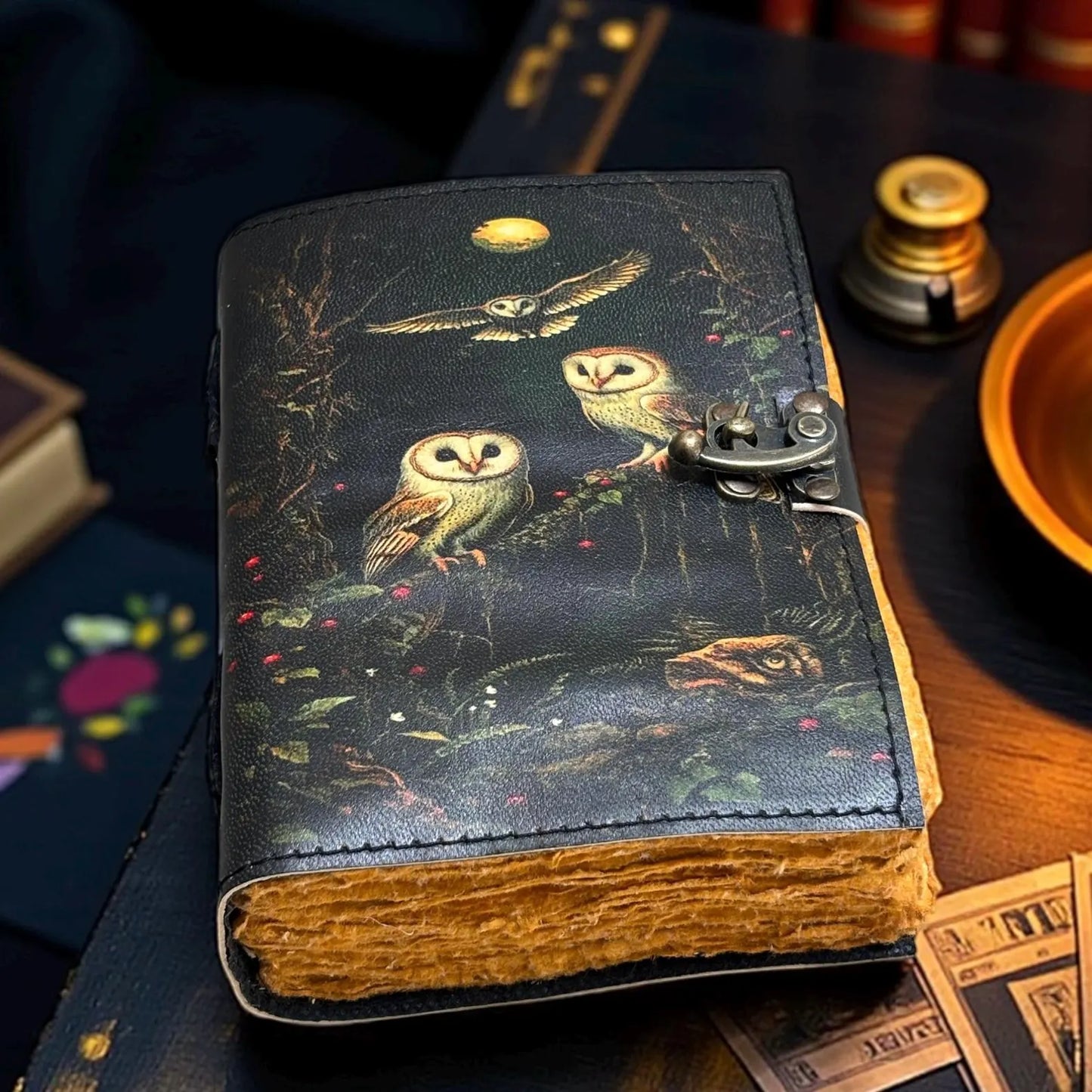 Handmade Owl Leather Journal, Vintage Lock, Grimoire Spell Book