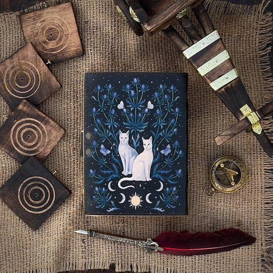 Leather Journal Cat Handmade Gothic Grimoire Book of Shadows Print, Blank Spell Book Celestial Journal Gift for Him Her