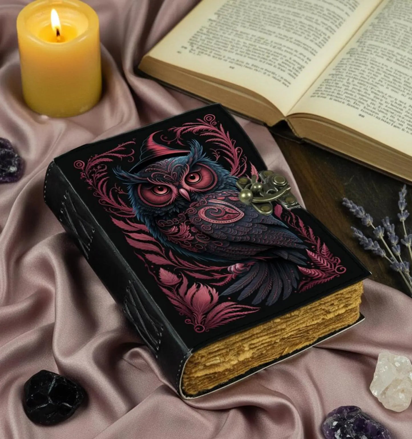 Leather Journal – Handmade Owl Leather Notebook with Lock | Vintage Deckle Edge Paper Diary | Witchy Owl Gift | Unique Gift for Women & Men
