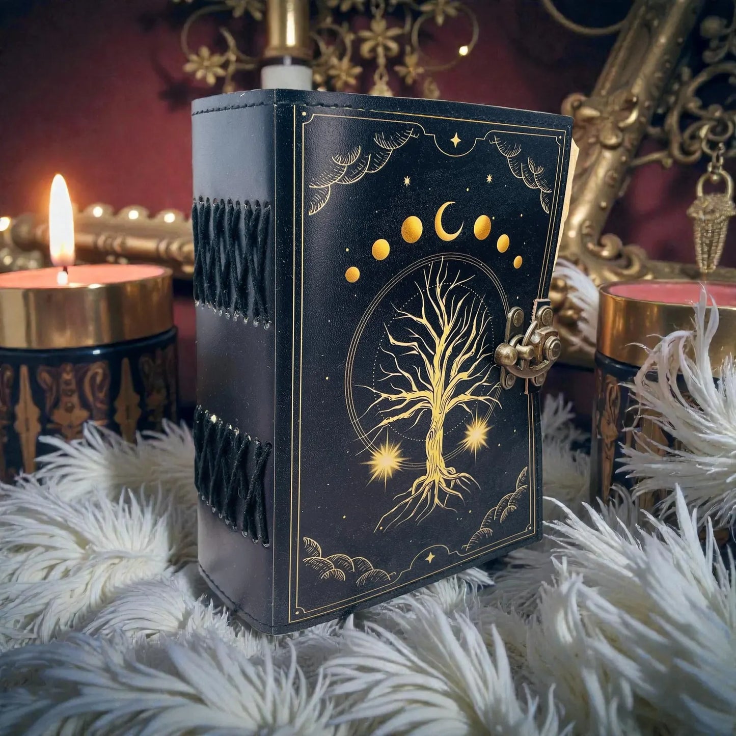 Tree of Life Leather Journal, 200 Page Grimoire, Celestial Spell Book Large Blank Book Of Shadows Gift For Birthday , Moon Journals