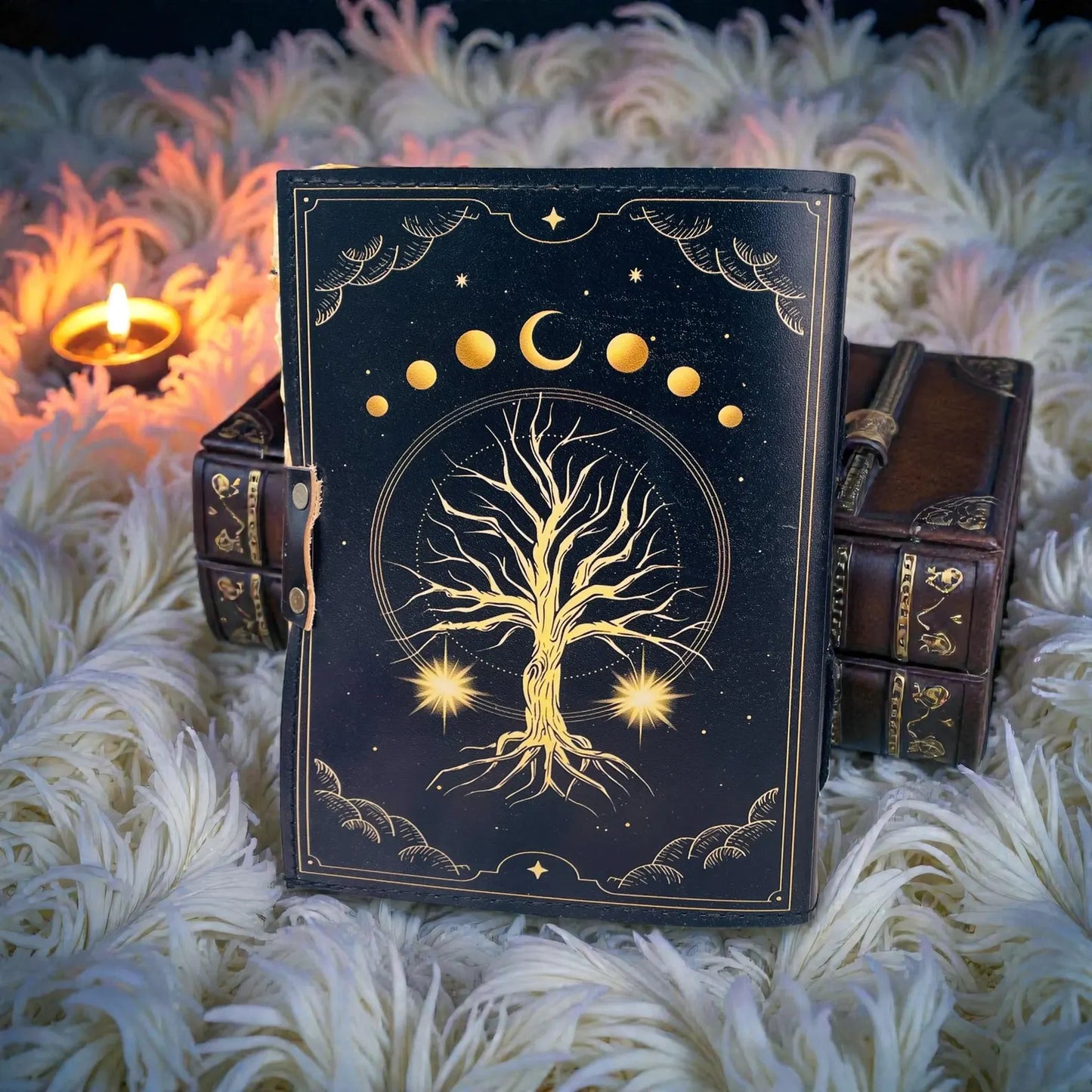 Tree of Life Leather Journal, 200 Page Grimoire, Celestial Spell Book Large Blank Book Of Shadows Gift For Birthday , Moon Journals