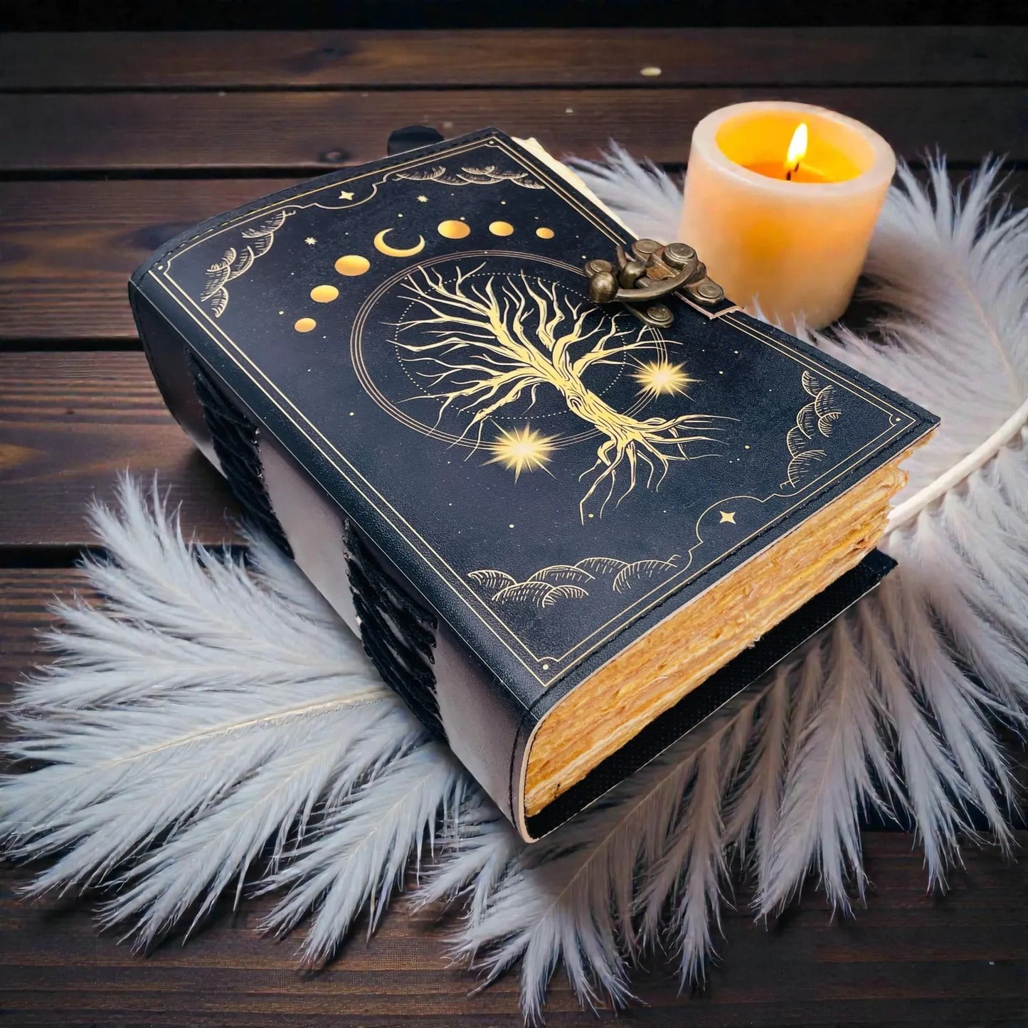 Tree of Life Leather Journal, 200 Page Grimoire, Celestial Spell Book Large Blank Book Of Shadows Gift For Birthday , Moon Journals