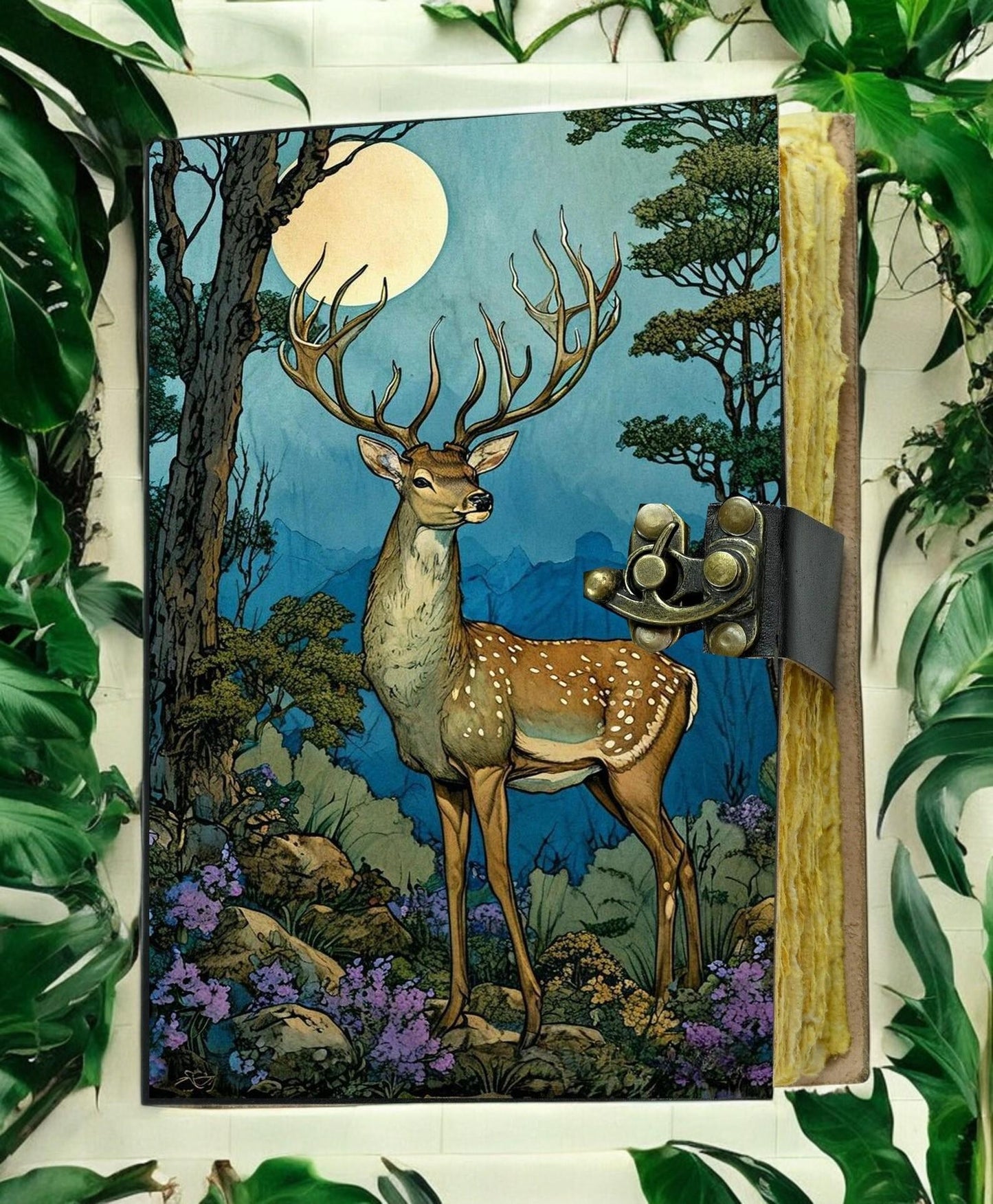 Deer Moon Grimoire Leather Journal: Deckle Edge Paper Notebook , Book of Shadows Gifts