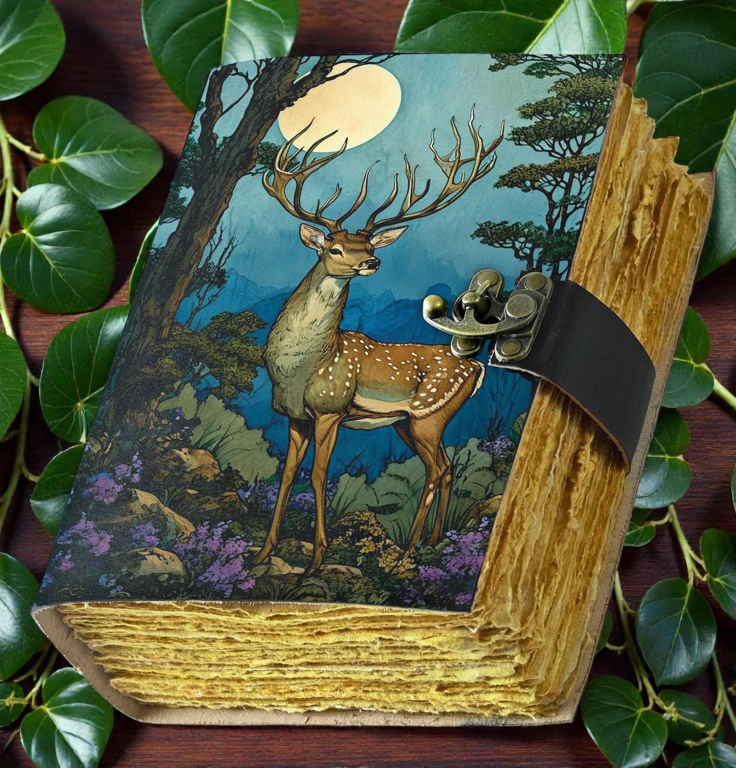 Deer Moon Grimoire Leather Journal: Deckle Edge Paper Notebook , Book of Shadows Gifts
