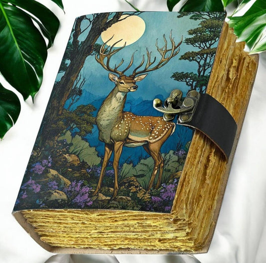 Deer Moon Grimoire Leather Journal: Deckle Edge Paper Notebook , Book of Shadows Gifts