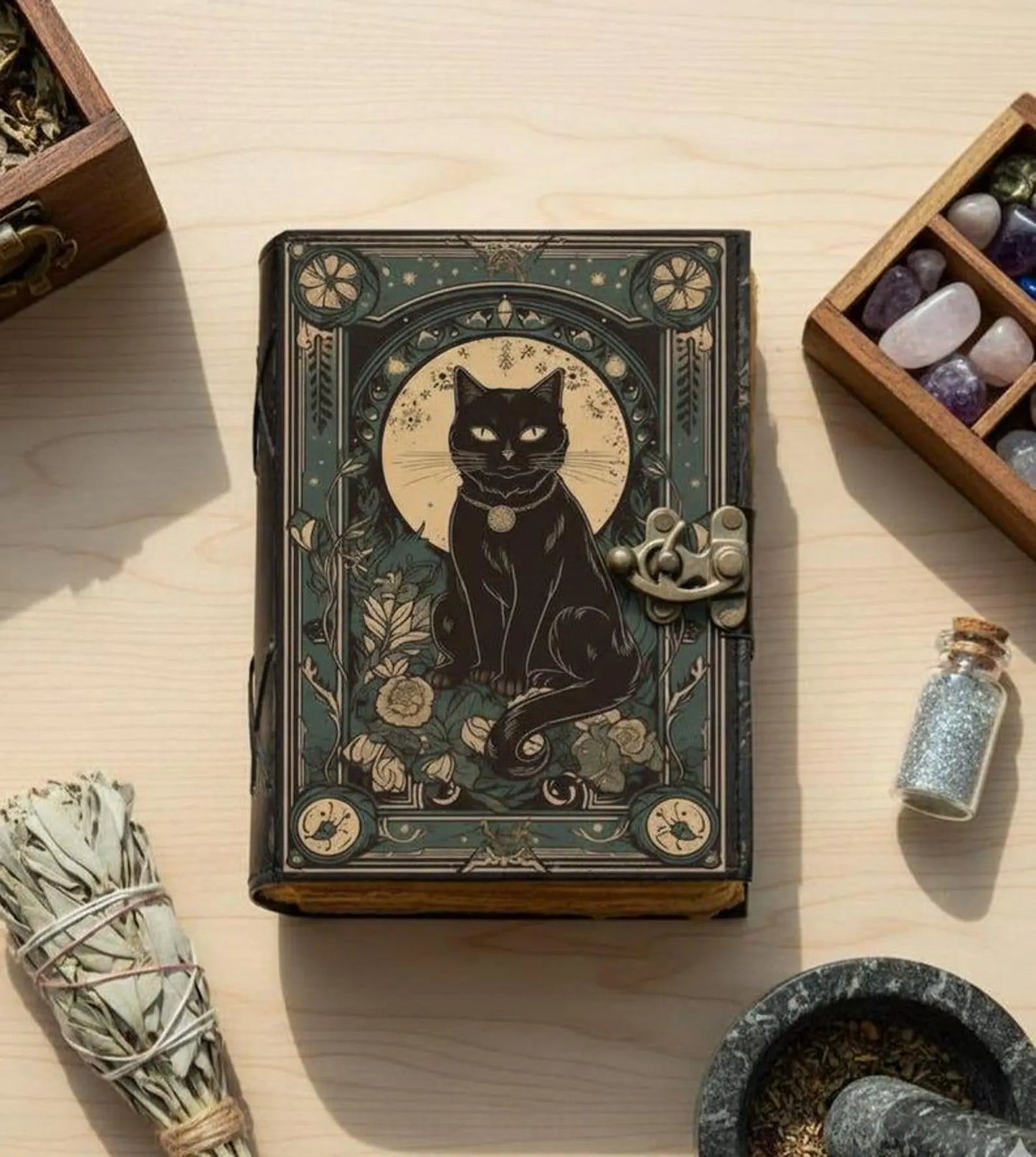 Leather Cat Grimoire: Book of Shadows, Spellbook Journal