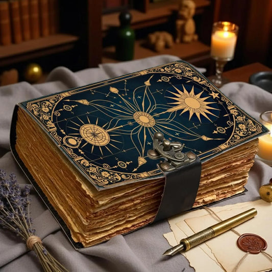 Celestial Compass Grimoire Journal | Vintage Star Map Spellbook with Aged Deckle Pages | Gothic Notebook | Antique Leather Diary Gift