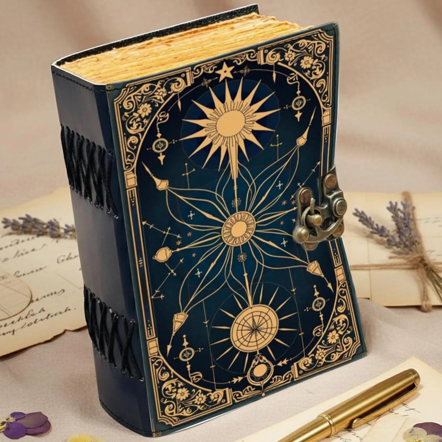 Celestial Compass Grimoire Journal | Vintage Star Map Spellbook with Aged Deckle Pages | Gothic Notebook | Antique Leather Diary Gift