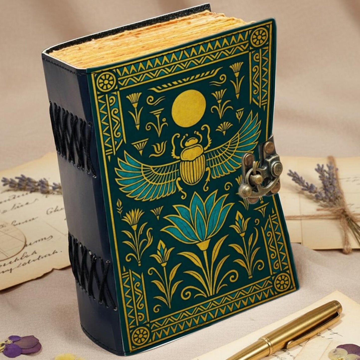 Egyptian Leather Journal with Scarab & Lotus Design — Vintage Handmade Diary with Lock — Rustic Antique Notebook for Writing