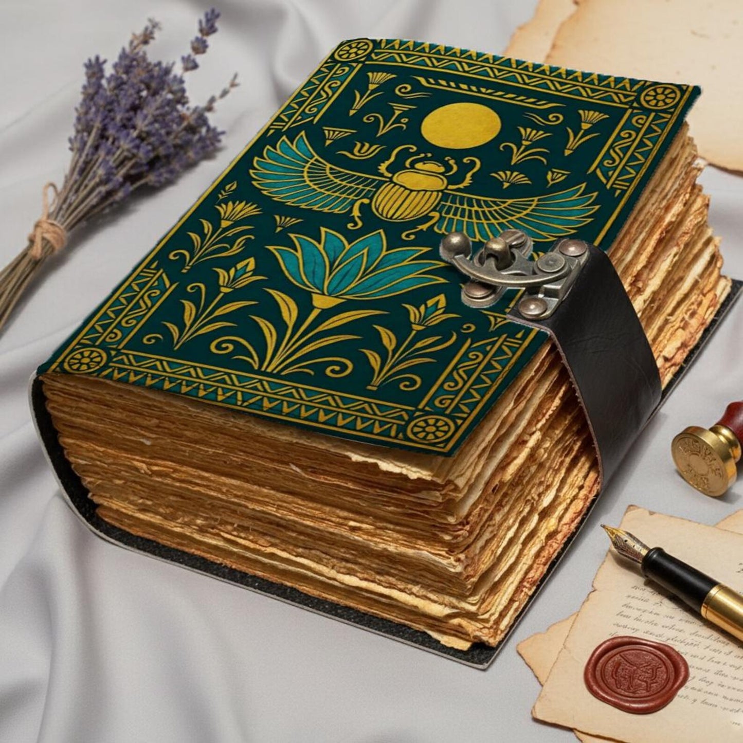 Egyptian Leather Journal with Scarab & Lotus Design — Vintage Handmade Diary with Lock — Rustic Antique Notebook for Writing