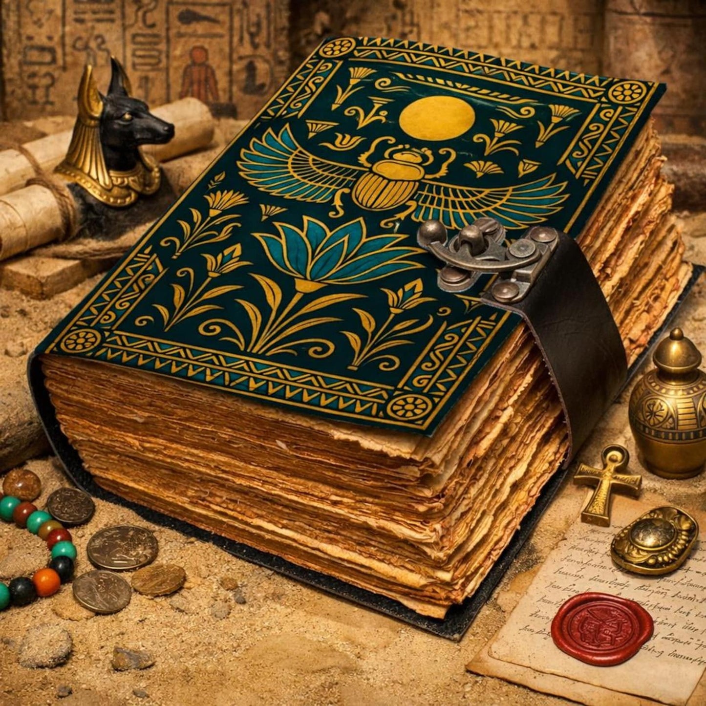 Egyptian Leather Journal with Scarab & Lotus Design — Vintage Handmade Diary with Lock — Rustic Antique Notebook for Writing