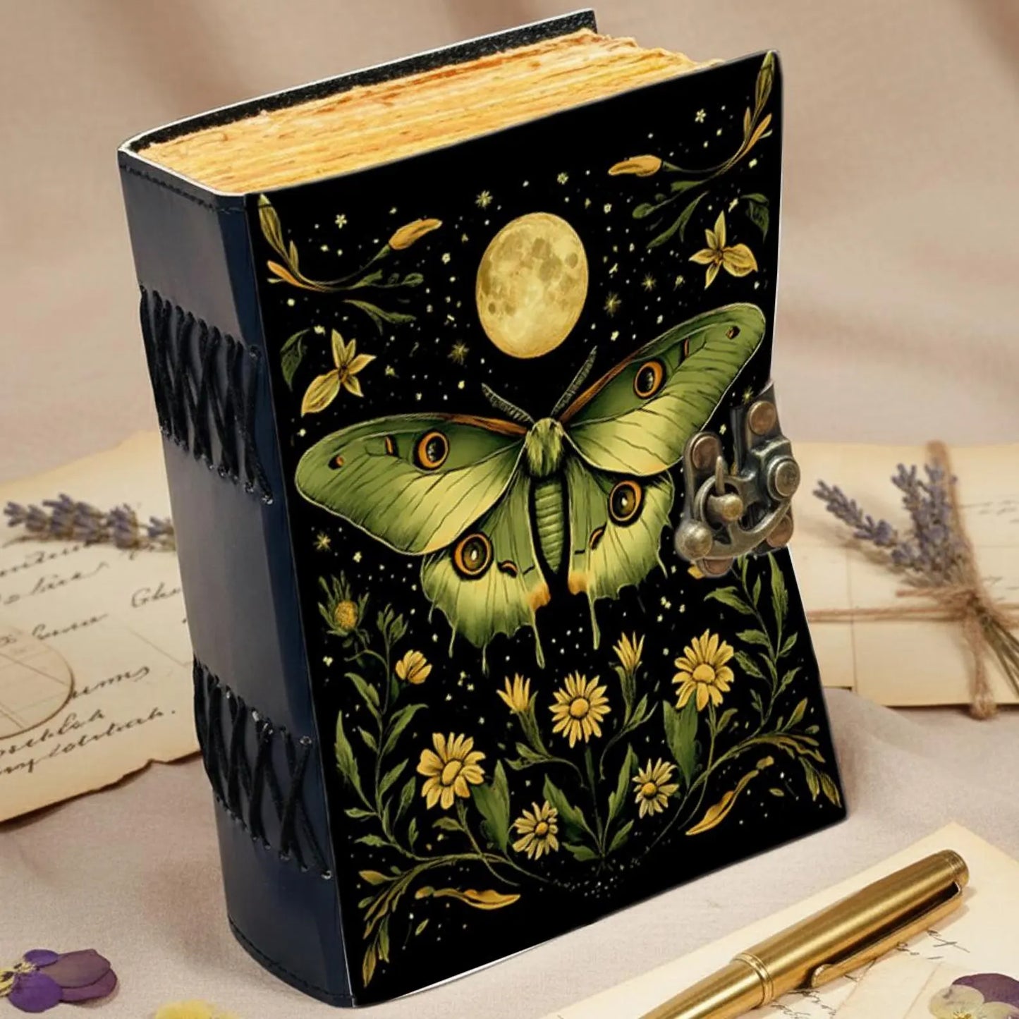 Luna Moth Vintage Leather Journal with Deckle Pages — Botanical Witchy Grimoire | Thick Deckle Edge Pages | Handmade Vintage Leather Journal