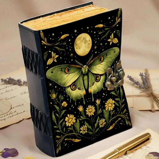 Luna Moth Vintage Leather Journal with Deckle Pages — Botanical Witchy Grimoire | Thick Deckle Edge Pages | Handmade Vintage Leather Journal