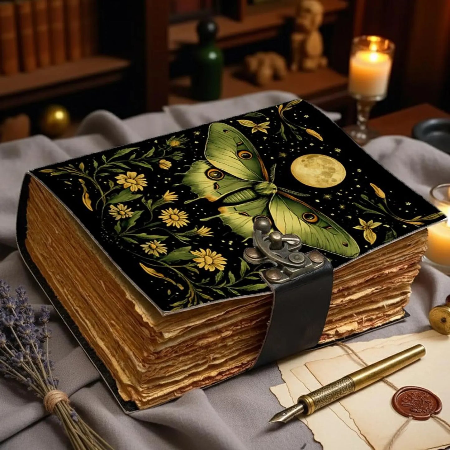 Luna Moth Vintage Leather Journal with Deckle Pages — Botanical Witchy Grimoire | Thick Deckle Edge Pages | Handmade Vintage Leather Journal