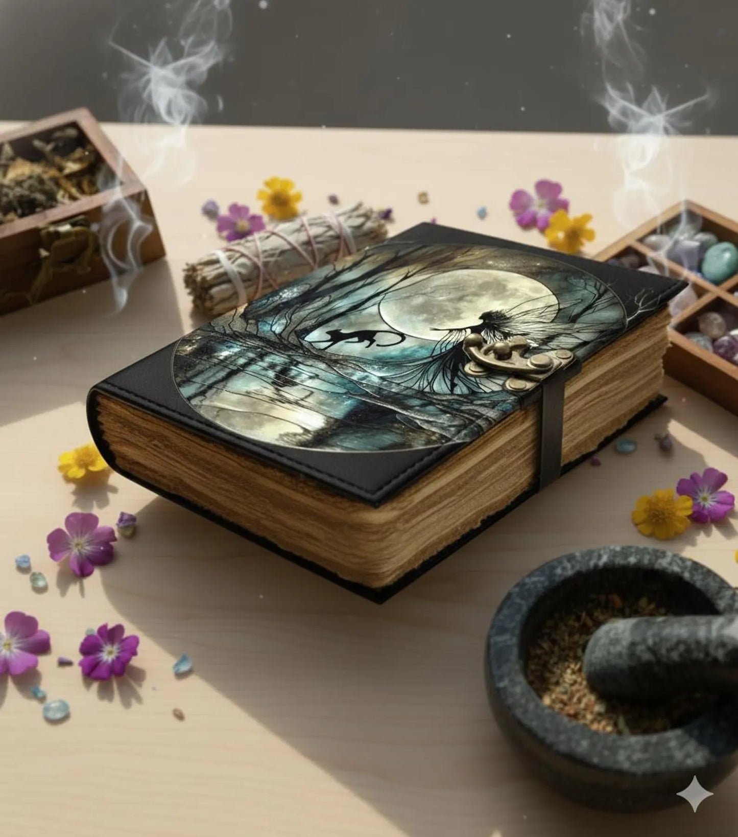 Handmade Fairy n Cat Leather Grimoire –Blank spell Book of Shadows Witchcraft Journal, Wiccan Pagan Notebook, Daily diary Magic Journal Gift