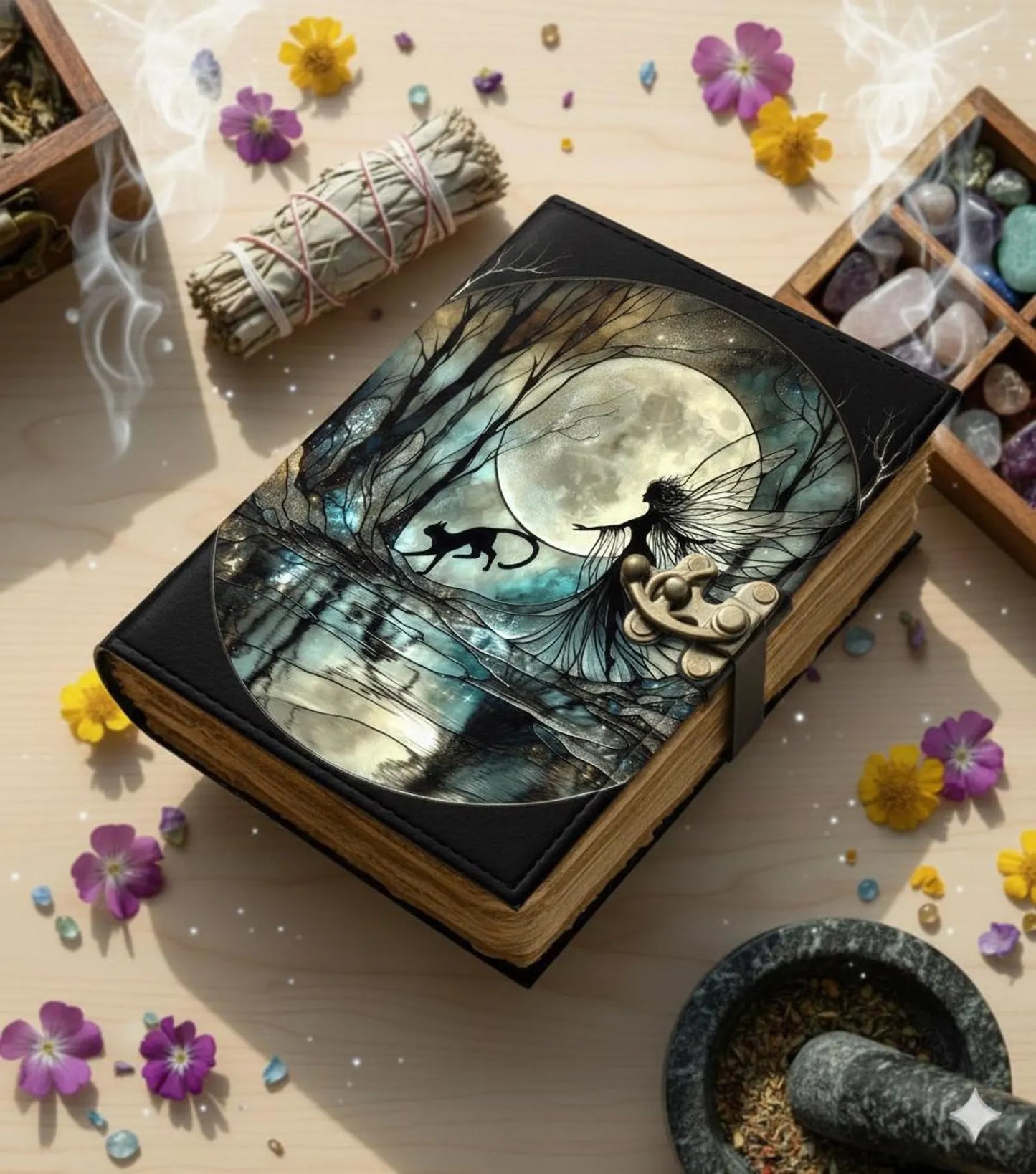 Handmade Fairy n Cat Leather Grimoire –Blank spell Book of Shadows Witchcraft Journal, Wiccan Pagan Notebook, Daily diary Magic Journal Gift
