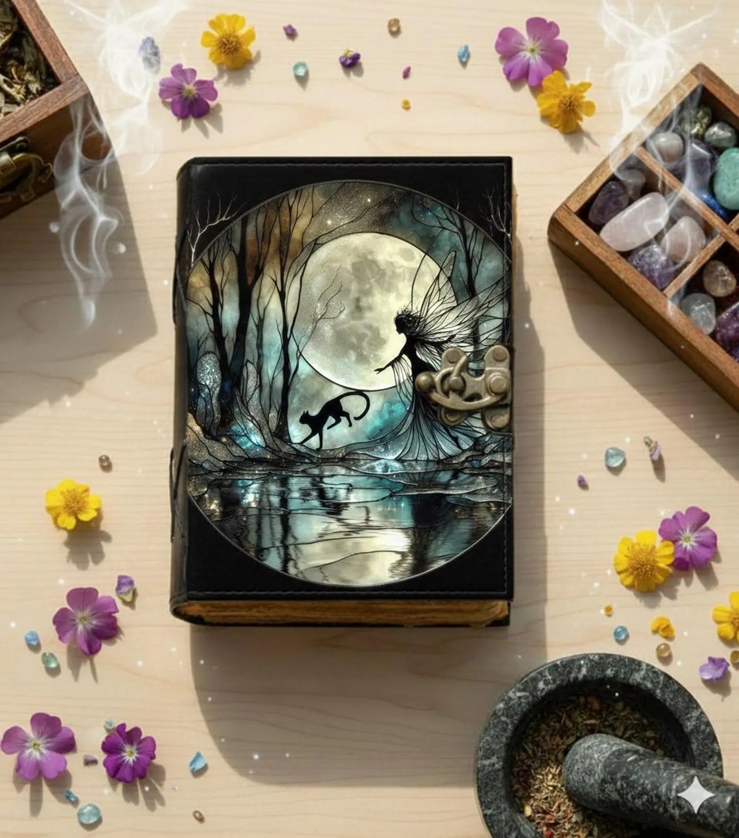 Handmade Fairy n Cat Leather Grimoire –Blank spell Book of Shadows Witchcraft Journal, Wiccan Pagan Notebook, Daily diary Magic Journal Gift