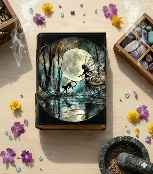 Handmade Fairy n Cat Leather Grimoire –Blank spell Book of Shadows Witchcraft Journal, Wiccan Pagan Notebook, Daily diary Magic Journal Gift