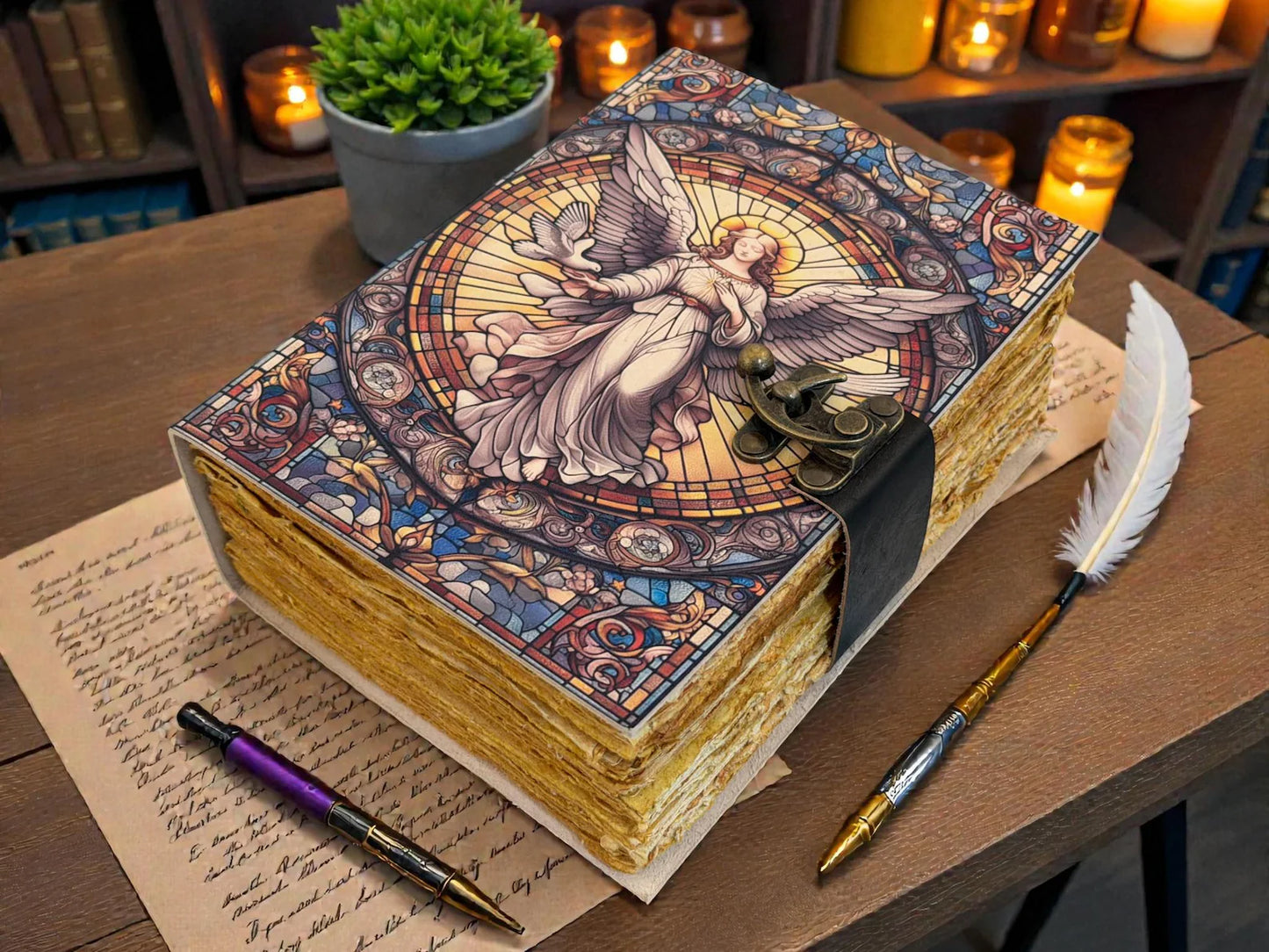 Angel Leather Grimoire Journal - Archangel Prayer & Spiritual Notebook - Handmade Antique Deckle Paper